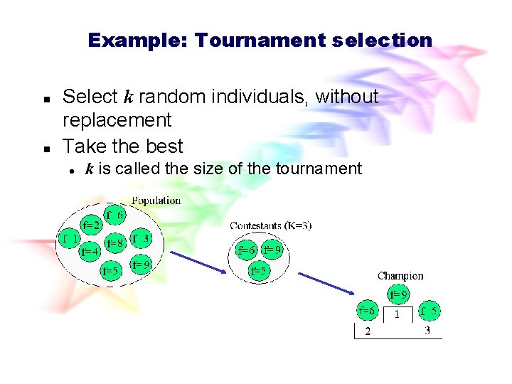 Example: Tournament selection n n Select k random individuals, without replacement Take the best Example: Tournament selection n n Select k random individuals, without replacement Take the best