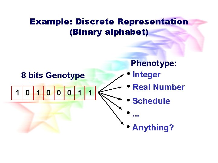 Example: Discrete Representation (Binary alphabet) 8 bits Genotype Phenotype: • Integer • Real Number Example: Discrete Representation (Binary alphabet) 8 bits Genotype Phenotype: • Integer • Real Number