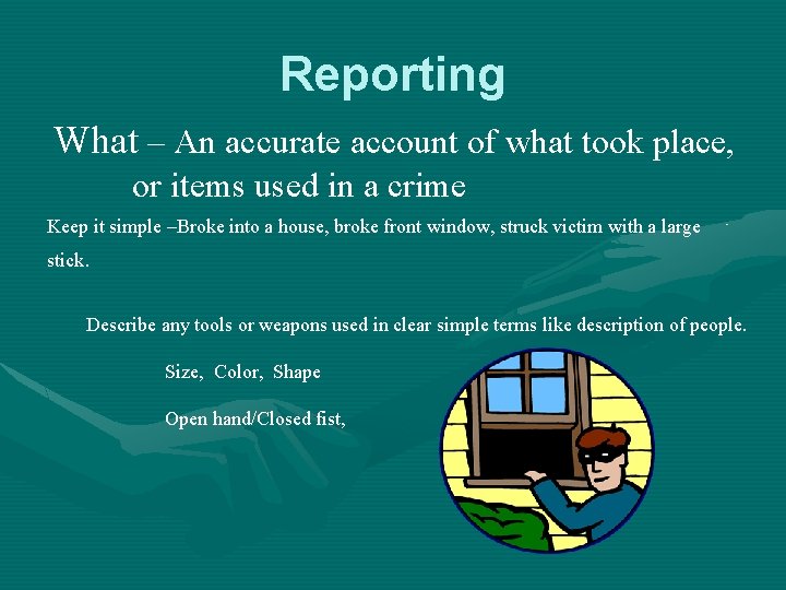 Reporting What – An accurate account of what took place, or items used in