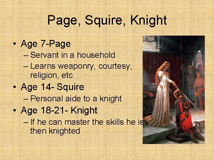 Page, Squire, Knight • Age 7 -Page – Servant in a household – Learns