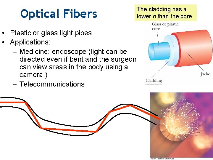 Optical Fibers • Plastic or glass light pipes • Applications: – Medicine: endoscope (light