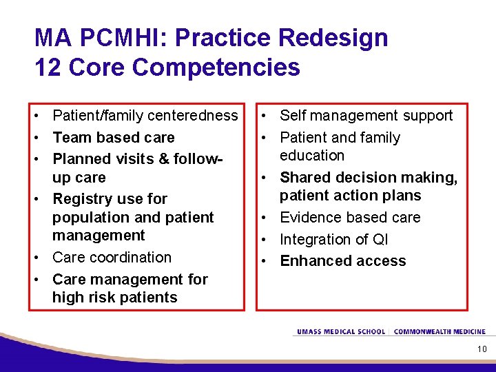 MA PCMHI: Practice Redesign 12 Core Competencies • Patient/family centeredness • Team based care