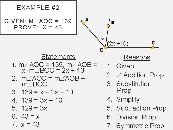 EXAMPLE #2 GIVEN: M AOC = 139 PROVE: X = 43 A B x