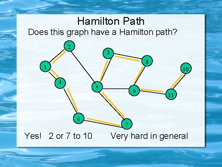 Hamilton Path Does this graph have a Hamilton path? 2 3 8 1 10