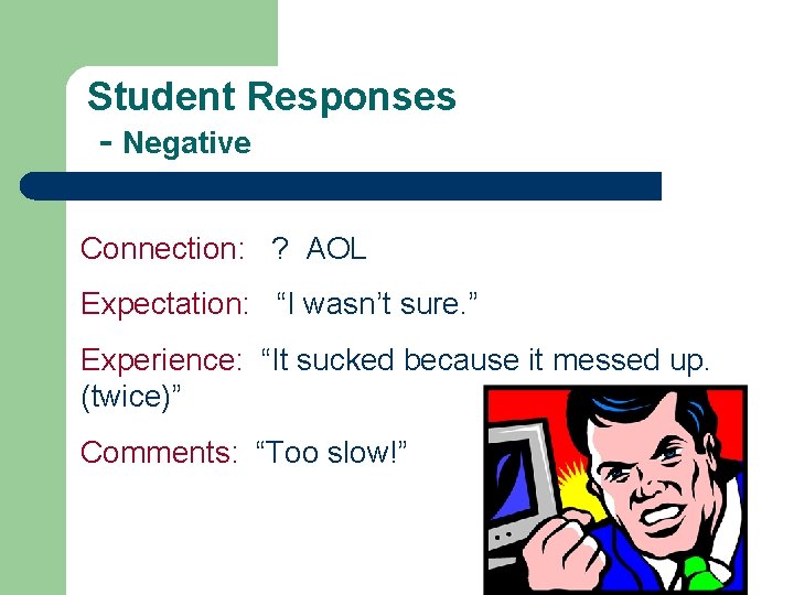 Student Responses - Negative Connection: ? AOL Expectation: “I wasn’t sure. ” Experience: “It