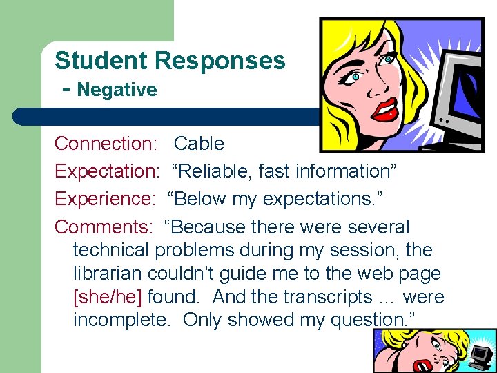 Student Responses - Negative Connection: Cable Expectation: “Reliable, fast information” Experience: “Below my expectations.