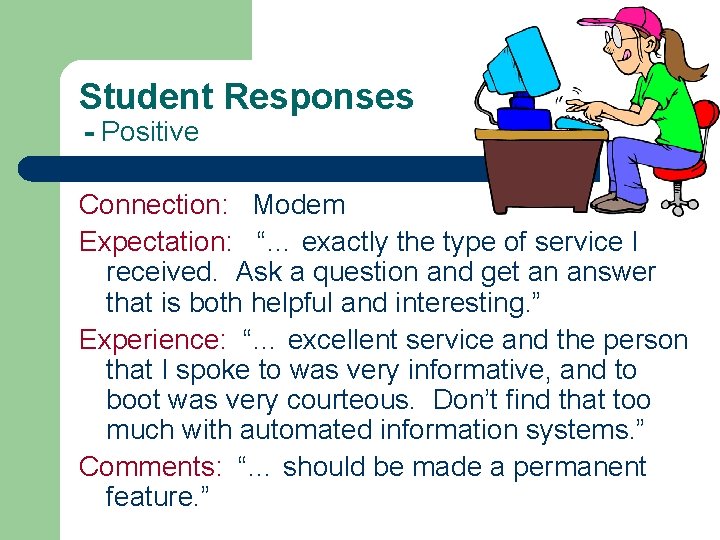 Student Responses - Positive Connection: Modem Expectation: “… exactly the type of service I