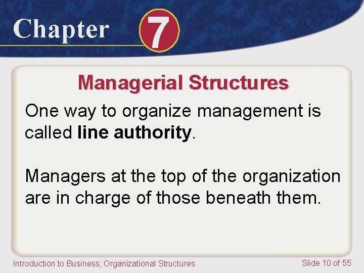 Chapter 7 Managerial Structures One way to organize management is called line authority. Managers