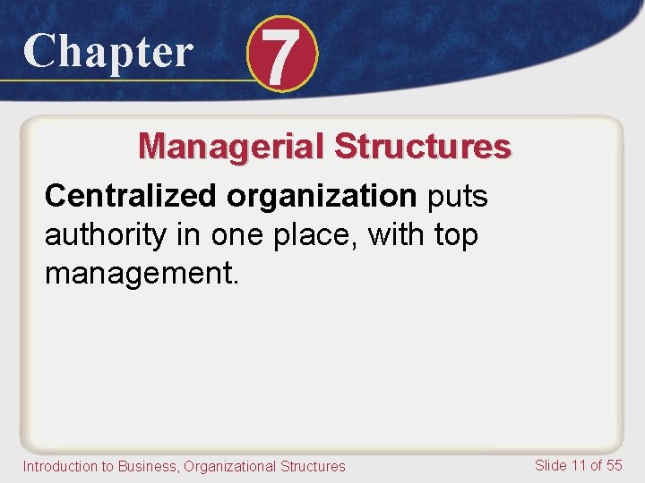 Chapter 7 Managerial Structures Centralized organization puts authority in one place, with top management.