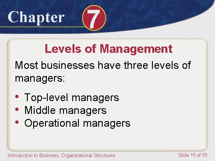 Chapter 7 Levels of Management Most businesses have three levels of managers: • Top-level