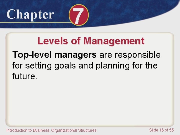 Chapter 7 Levels of Management Top-level managers are responsible for setting goals and planning
