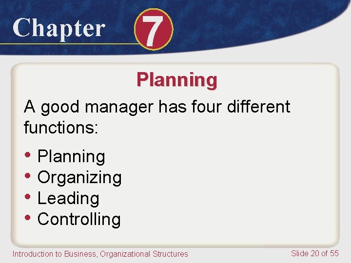 Chapter 7 Planning A good manager has four different functions: • Planning • Organizing