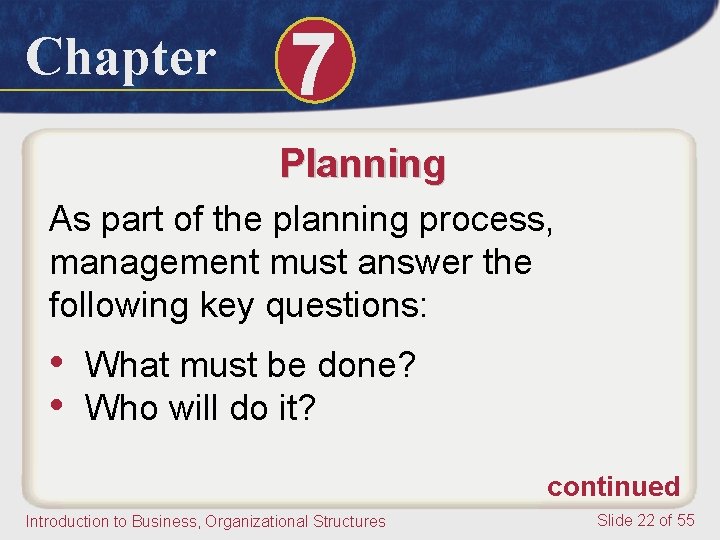 Chapter 7 Planning As part of the planning process, management must answer the following