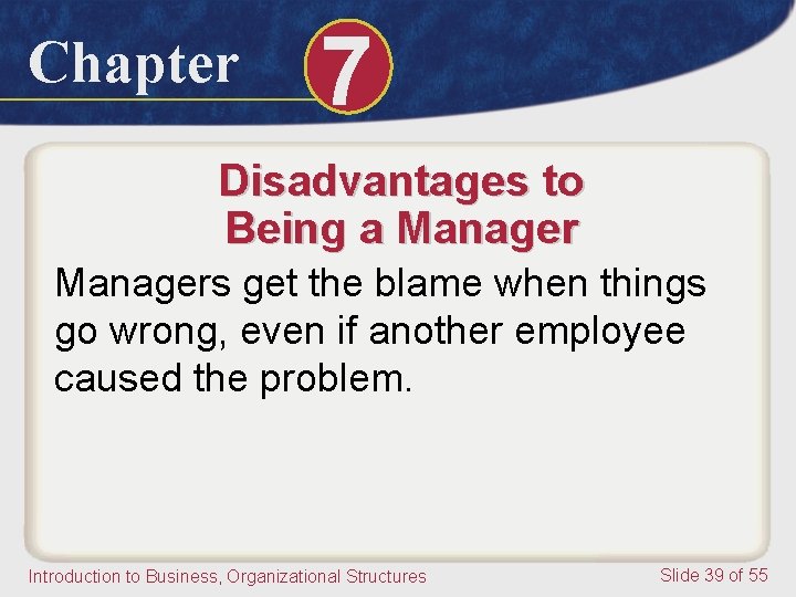 Chapter 7 Disadvantages to Being a Managers get the blame when things go wrong,