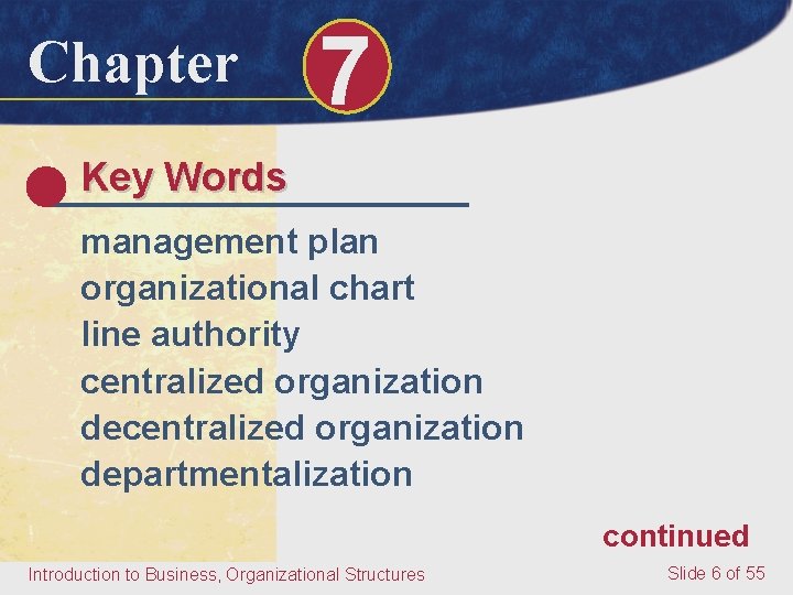 Chapter 7 Key Words management plan organizational chart line authority centralized organization departmentalization continued