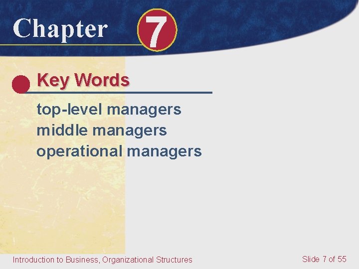 Chapter 7 Key Words top-level managers middle managers operational managers Introduction to Business, Organizational