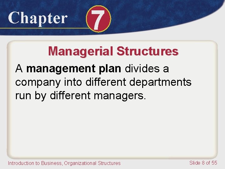 Chapter 7 Managerial Structures A management plan divides a company into different departments run