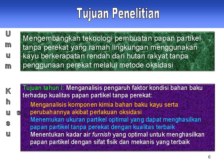 U m u m Mengembangkan teknologi pembuatan papan partikel tanpa perekat yang ramah lingkungan