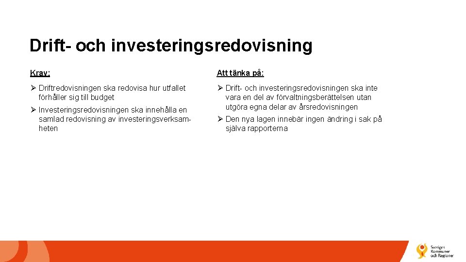 Drift- och investeringsredovisning Krav: Att tänka på: Ø Driftredovisningen ska redovisa hur utfallet förhåller