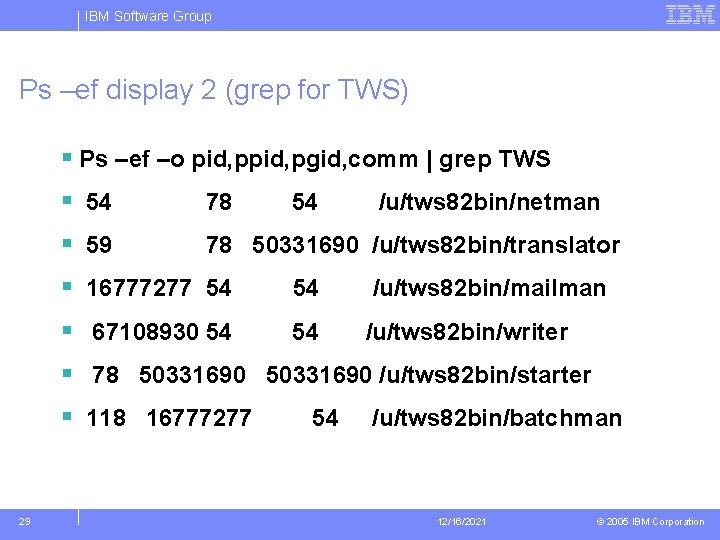 IBM Software Group Ps –ef display 2 (grep for TWS) § Ps –ef –o