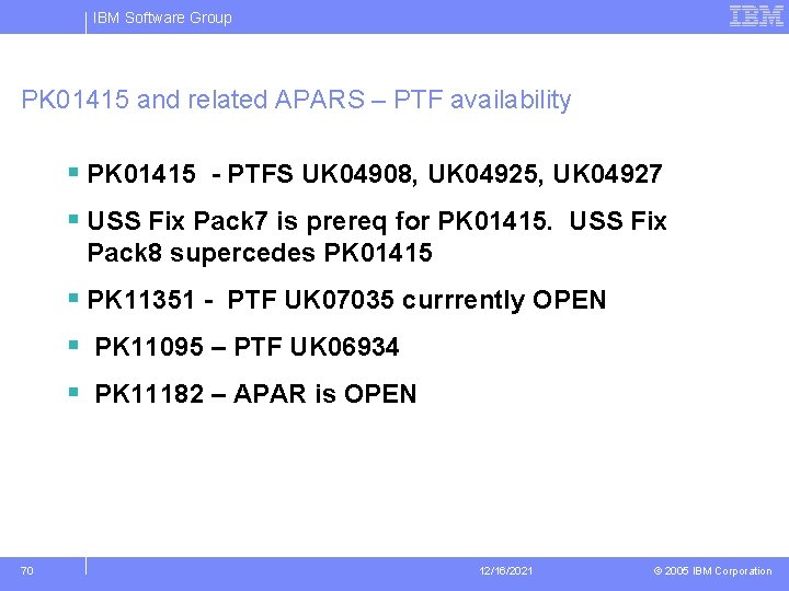 IBM Software Group PK 01415 and related APARS – PTF availability § PK 01415
