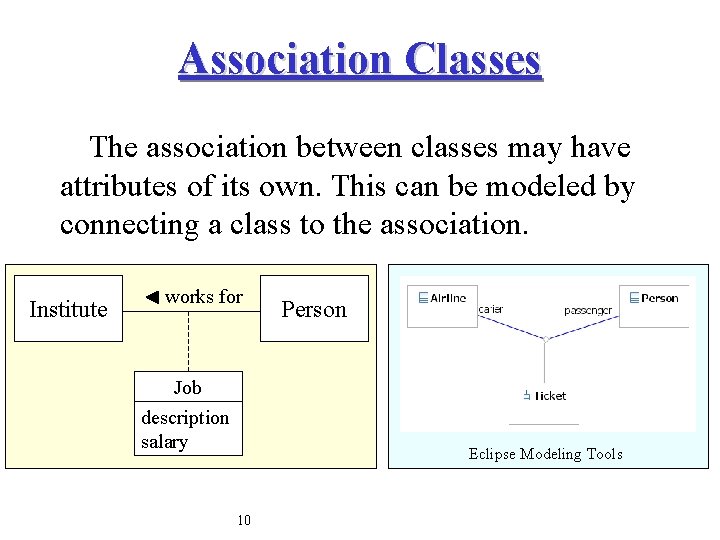 Association Classes The association between classes may have attributes of its own. This can