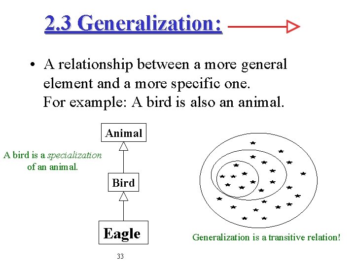 2. 3 Generalization: • A relationship between a more general element and a more