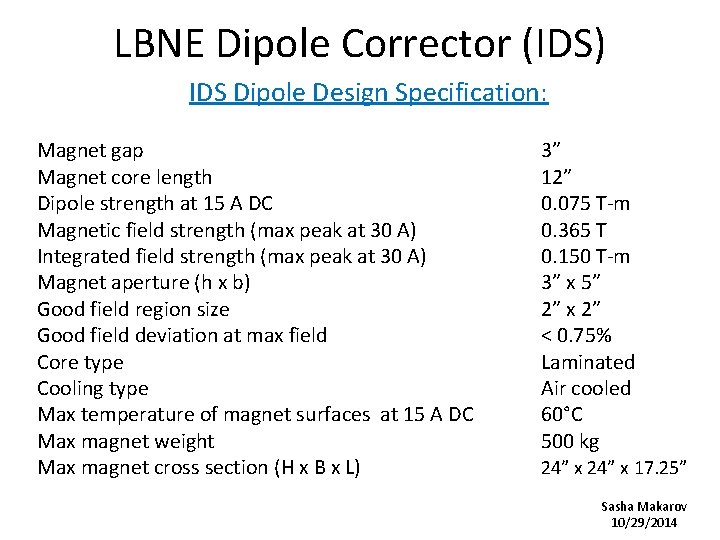 LBNE Dipole Corrector (IDS) IDS Dipole Design Specification: Magnet gap Magnet core length Dipole