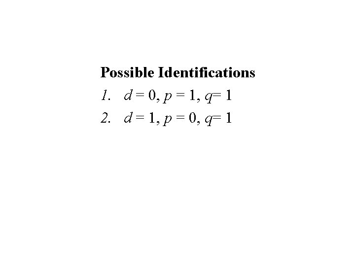 Possible Identifications 1. d = 0, p = 1, q= 1 2. d = Possible Identifications 1. d = 0, p = 1, q= 1 2. d =