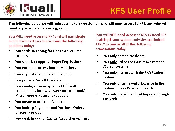 KFS User Profile The following guidance will help you make a decision on who