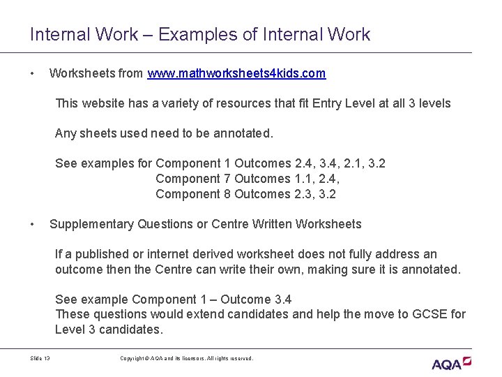 Internal Work – Examples of Internal Work • Worksheets from www. mathworksheets 4 kids.