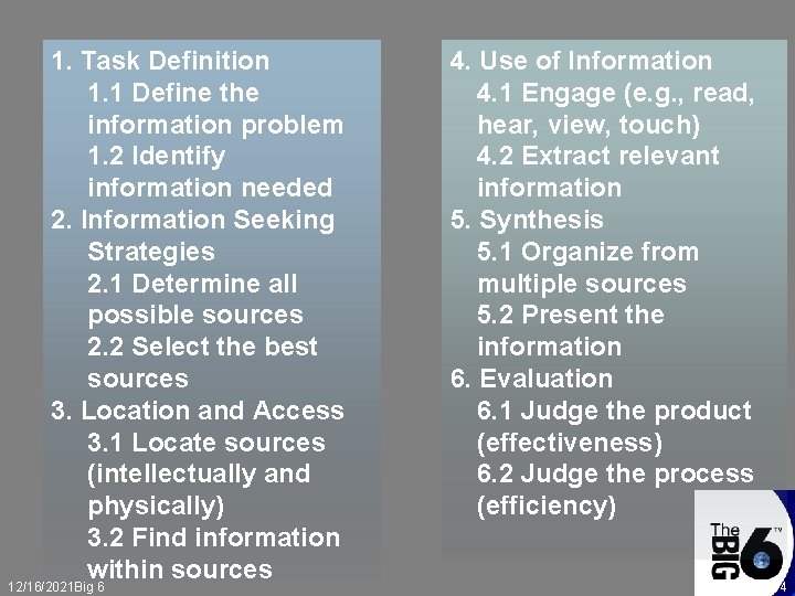 1. Task Definition 1. 1 Define the information problem 1. 2 Identify information needed