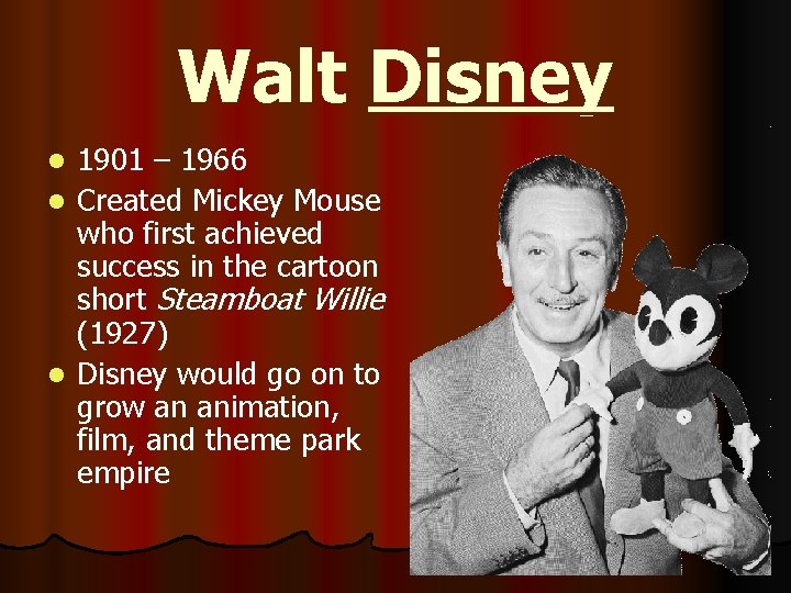 Walt Disney 1901 – 1966 l Created Mickey Mouse who first achieved success in