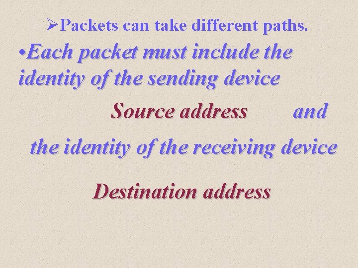 ØPackets can take different paths. • Each packet must include the identity of the ØPackets can take different paths. • Each packet must include the identity of the