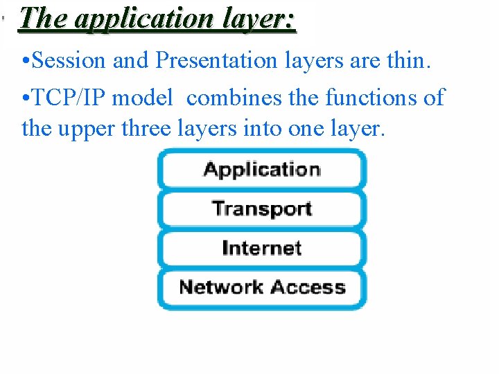 The application layer: • Session and Presentation layers are thin. • TCP/IP model combines The application layer: • Session and Presentation layers are thin. • TCP/IP model combines