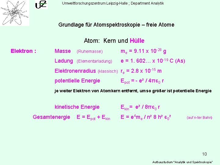 Umweltforschungszentrum Leipzig-Halle ; Department Analytik Grundlage für Atomspektroskopie – freie Atom: Kern und Hülle