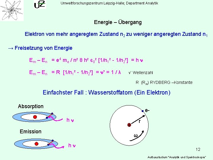 Umweltforschungszentrum Leipzig-Halle; Department Analytik Energie – Übergang Elektron von mehr angeregtem Zustand n 2