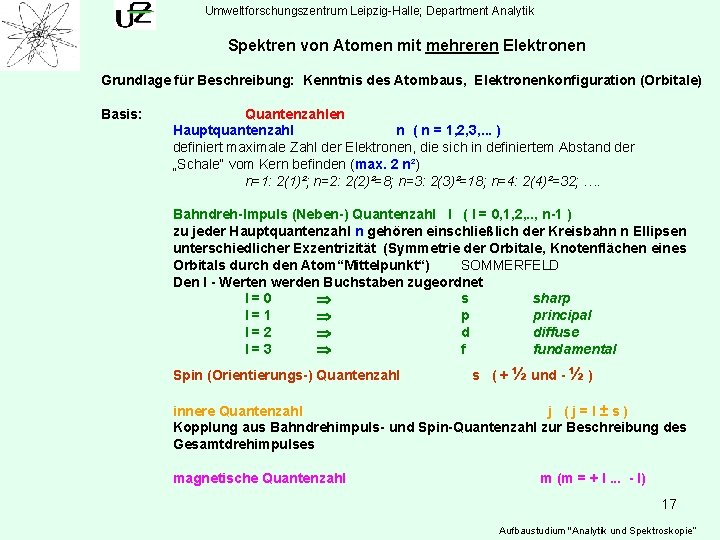 Umweltforschungszentrum Leipzig-Halle; Department Analytik Spektren von Atomen mit mehreren Elektronen Grundlage für Beschreibung: Kenntnis