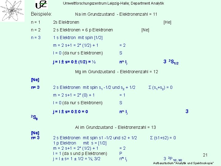 Umweltforschungszentrum Leipzig-Halle; Department Analytik Beispiele: Na im Grundzustand - Elektronenzahl = 11 n=1 2