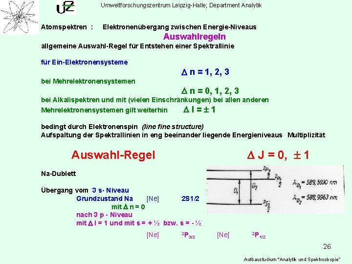 Umweltforschungszentrum Leipzig-Halle; Department Analytik Atomspektren : Elektronenübergang zwischen Energie-Niveaus Auswahlregeln allgemeine Auswahl-Regel für Entstehen