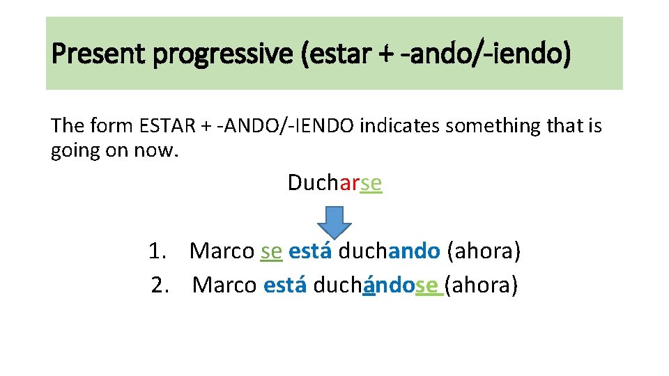 Present progressive (estar + -ando/-iendo) The form ESTAR + -ANDO/-IENDO indicates something that is