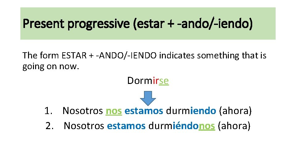 Present progressive (estar + -ando/-iendo) The form ESTAR + -ANDO/-IENDO indicates something that is