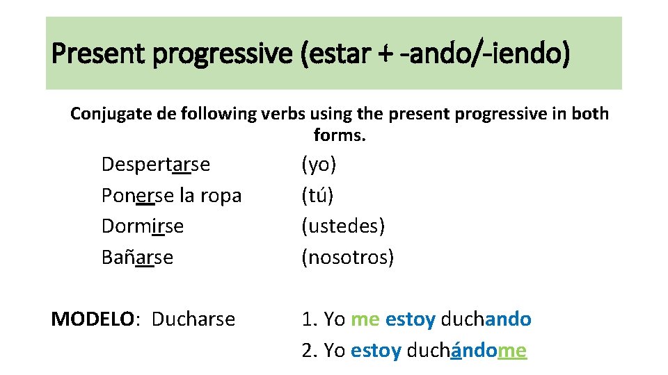Present progressive (estar + -ando/-iendo) Conjugate de following verbs using the present progressive in