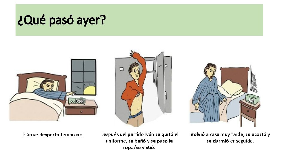 ¿Qué pasó ayer? Iván se despertó temprano. Después del partido Iván se quitó el