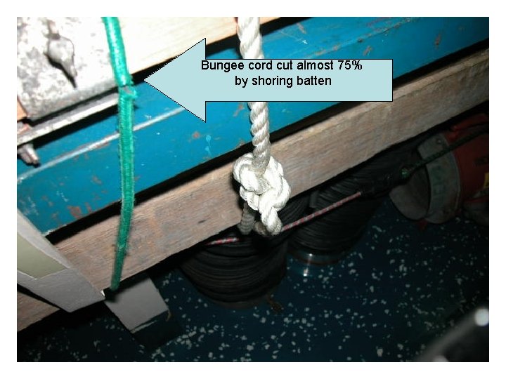 Bungee cord cut almost 75% by shoring batten 