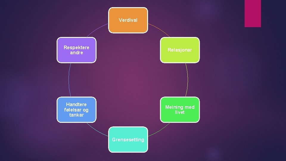 Verdival Respektere andre Relasjonar Handtere følelsar og tankar Meining med livet Grensesetting 