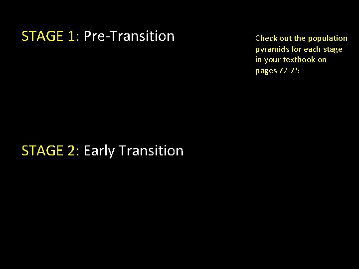 STAGE 1: Pre-Transition STAGE 2: Early Transition Check out the population pyramids for each