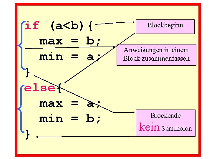 if (a<b){ max = b; min = a; } else{ max = a; min