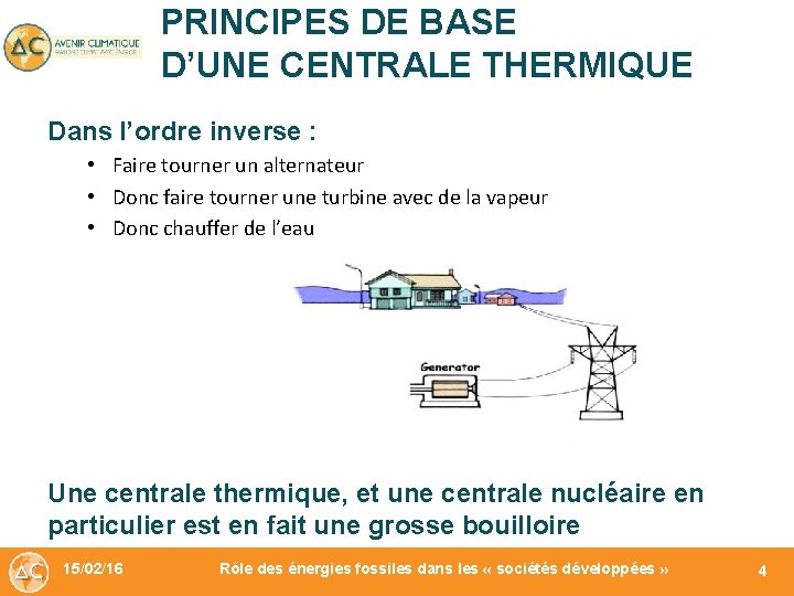 PRINCIPES DE BASE D’UNE CENTRALE THERMIQUE Dans l’ordre inverse : • Faire tourner un