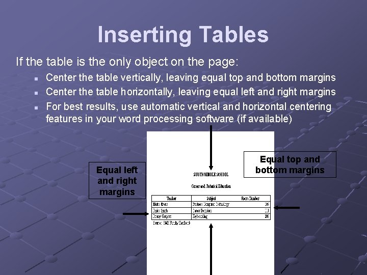 Inserting Tables If the table is the only object on the page: n n